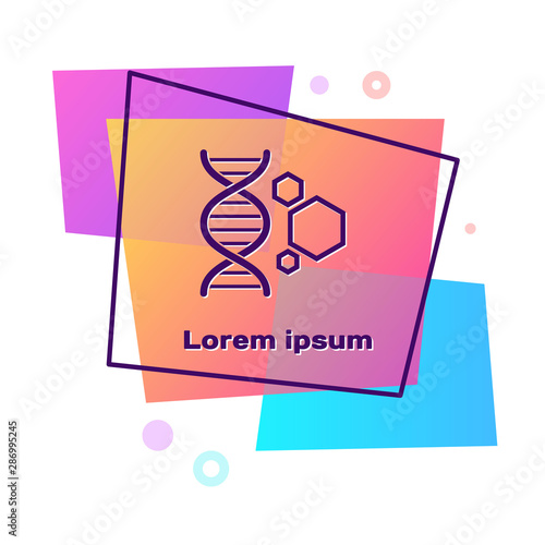 Purple Genetic engineering icon isolated on white background. DNA analysis, genetics testing, cloning, paternity testing. Color rectangle button. Vector Illustration