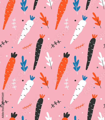 Handdrawn repeat pattern with colorful carrots in scandinavian colors. Sketch style white carrots, hand drawn pink seamless vector background, good for baby wallpaper, wrapping paper or textile fabric