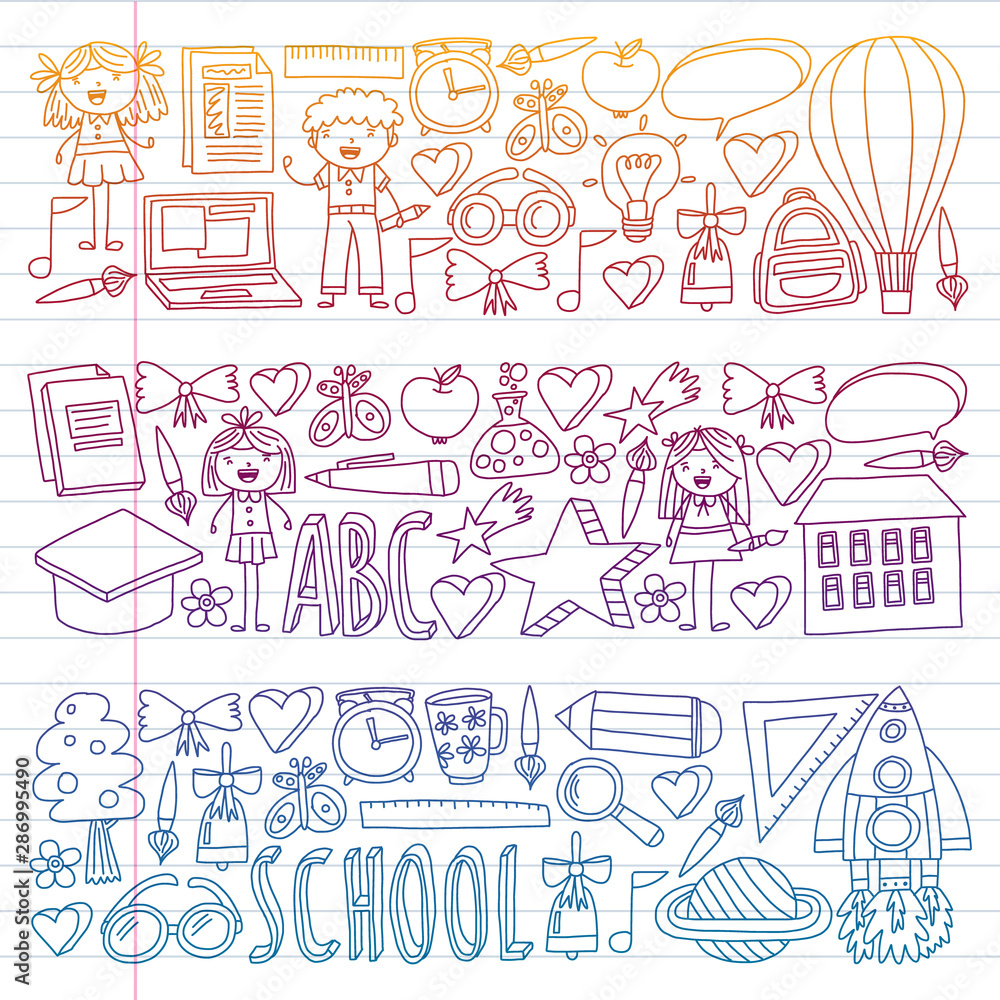 Fototapeta premium Vector set of Back to School icons in doodle style. Painted, colorful, pictures on a piece of paper on white background. Drawing on exercise notebook in gradient style.