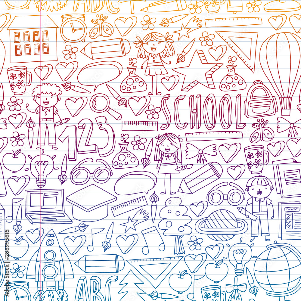 Vector set of Back to School icons in doodle style. Painted, colorful, pictures on a piece of paper on white background. Drawing on exercise notebook in gradient style. Vector set of Back to School icons in doodle style. Painted, colorful, pictures on a piece of paper on white background. Drawing on exercise notebook in gradient style.