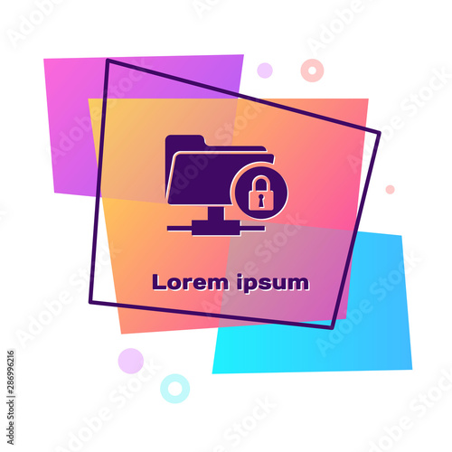 Purple FTP folder and lock icon isolated on white background. Concept of software update, ftp transfer protocol. Security, safety, protection concept. Color rectangle button. Vector Illustration