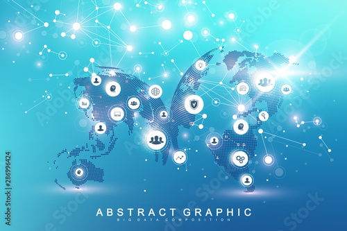 Global network connection. Geometric abstract background with connected line and dots. Network and connection background for your presentation. Graphic polygonal background. Vector illustration.