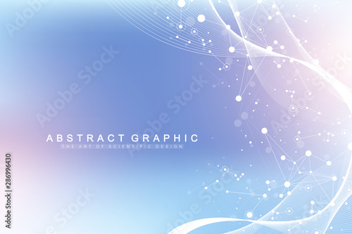 Scientific vector illustration genetic engineering and gene manipulation concept. DNA helix, DNA strand, molecule or atom, neurons. Abstract structure for Science or medical background. Wave flow