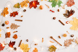 Autumn composition. Frame made of autumn leaves on white background. Flatlay, top view, copy space. Fall concept.