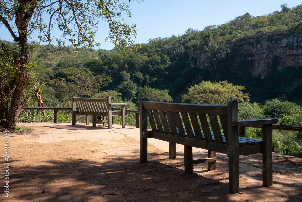 A bench overlooking the cliffs and dense vegetation along an African river. A bench overlooking the cliffs and dense vegetation along an African river.