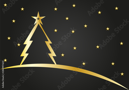 Postal de navidad con un pino dorado sobre fondo blanco.