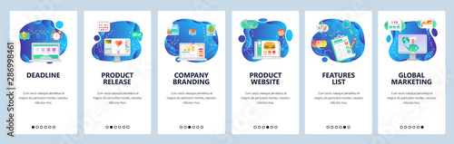Mobile app onboarding screens. World financial news, project deadline, finance growth, product release. Vector banner template for website and mobile development. Web site design flat illustration