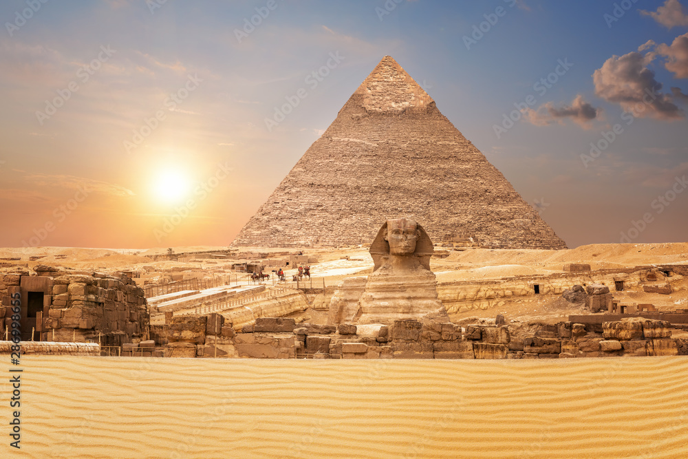 Wonderful view on the Sphinx and the Pyramid of Chephren in Egypt