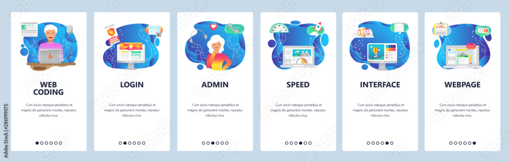 Mobile app onboarding screens. Software engineer coding, interface ...