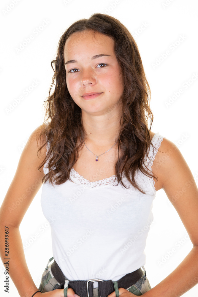 Portrait of young woman pretty teen girl on white wall background Portrait of young woman pretty teen girl on white wall background
