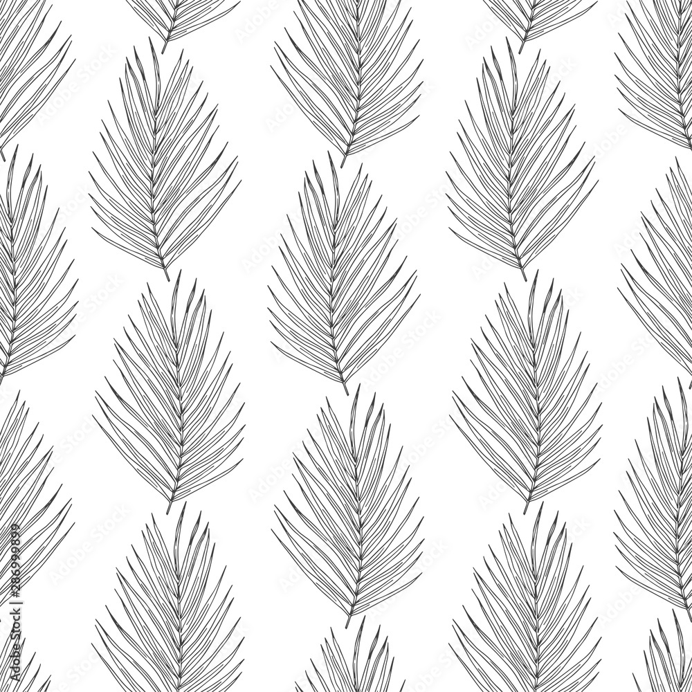 Palm tree leaves black ink seamless pattern. Exotic plants foliage on white background. Tropical flora leafage textile print. Vertical botanical twigs fabric, minimalist textile wallpaper design