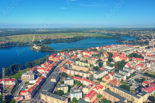 Aerial view of Elk city. Retro style. Masuria, Poland.