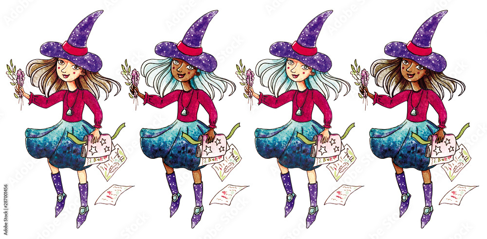 Naklejka premium Hand drawn set of watercolor paintings of a girl-witchs with pale or dark skin and dark or blue hair, studying spells, for girl's room or Halloween illustration