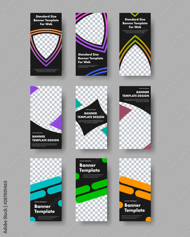 Design of vector vertical web banners with black background and different geometric color shapes.