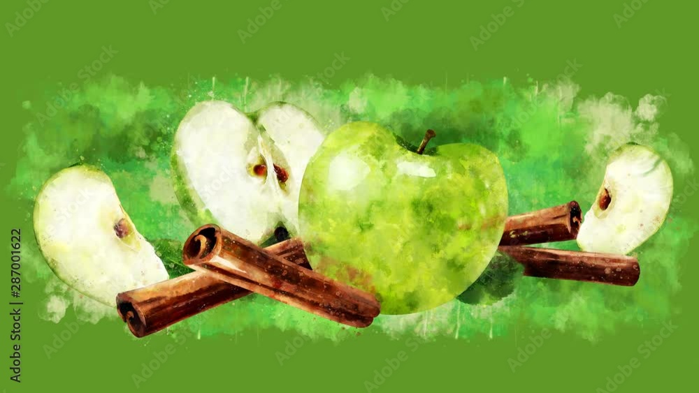 The appearance of the cinnamon and green apple on a watercolor stain. The appearance of the cinnamon and green apple on a watercolor stain.