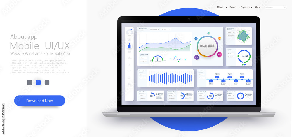 Dashboard, great design for any site purposes. Business infographic template. Vector flat illustration. Big data concept Dashboard user admin panel template design. Analytics admin dashboard. Blue