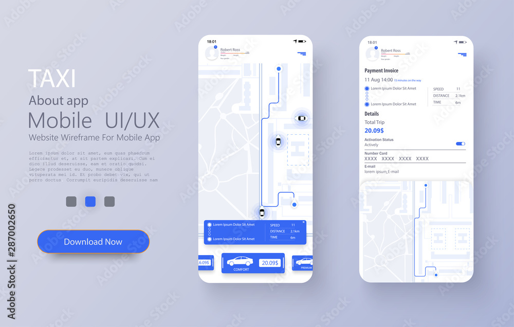 Taxi service app on mobile phone. Different UI, UX, GUI screens Taxi app and flat web icons for mobile apps. Concept of location service. Dashboard theme, creative infographic of city map navigation - obrazy, fototapety, plakaty 