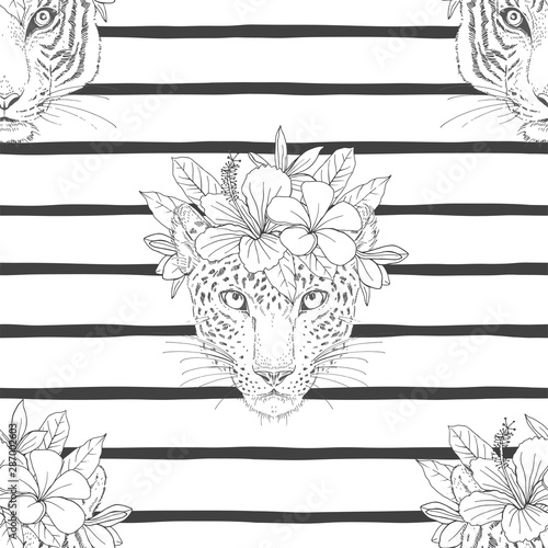 Leopard head with flower wreath seamless pattern. Wild cheetah and tiger faces sketch on striped backdrop. Staring jaguar with exotic Hibiscus, Plumeria blossom. Animalistic textile, wallpaper design