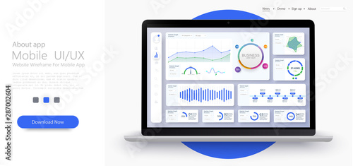 Dashboard, great design for any site purposes. Business infographic template. Vector flat illustration. Big data concept Dashboard user admin panel template design. Analytics admin dashboard. Blue