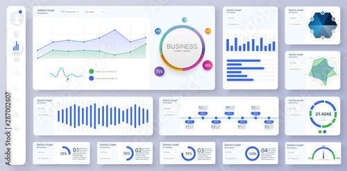 Dashboard, great design for any site purposes. Business infographic template. Vector flat illustration. Big data concept Dashboard user admin panel template design. Analytics admin dashboard.