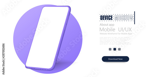 Smartphone frame less blank screen. Mockup generic device. Vector realistic violet smartphone template. Telephone frame with blank display isolated 