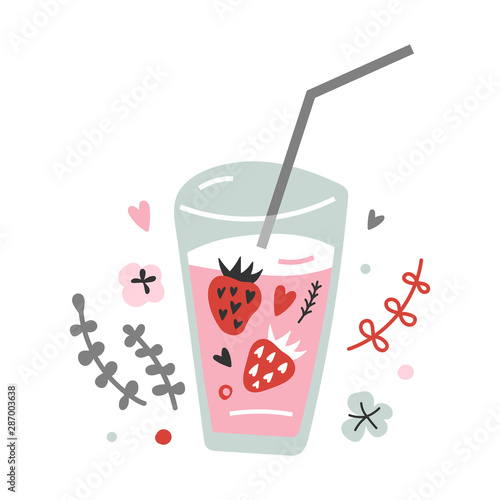 hand drawn vector illustration of strawberry cocktail woth berries and straw, trendy flat design handdrawn illustration with stylised glass with juice and doodles. scandinavian style illustration.