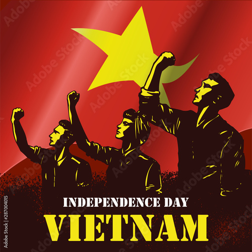 Independence Day of Vietnam, Illustration of people raising fists on flag of Vietnam as a background.