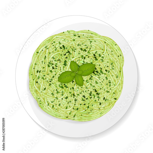 Spaghetti with sauce pesto. Cartoon style. Vector illustration. Isolated on white.