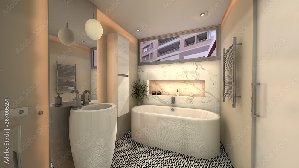 PROYECTO DE BAÑO CON DUCHA Y BAÑERA EXENTA .RENDER3D Stock Illustration |  Adobe Stock