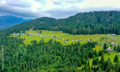 Aerial image of Planina Zajamniki empty Shepherd village houses surrounded by lush green nature.