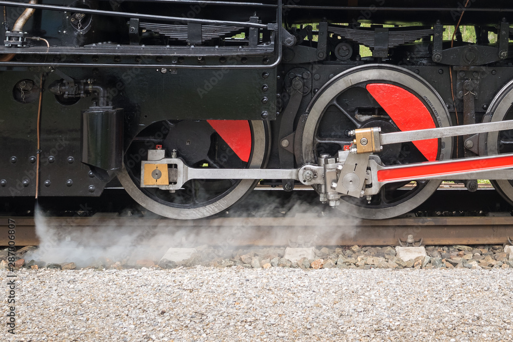 Detailed view of the wheels an driving of an old steam locomotive Detailed view of the wheels an driving of an old steam locomotive