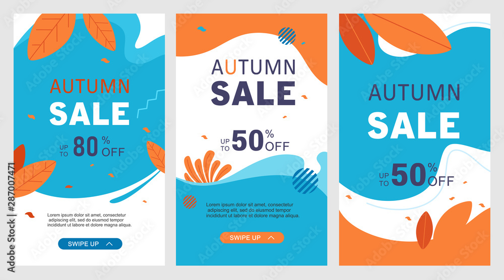 Autumn sale banners. Sale banner design template, flash sale special offer set. Set of banners. Dynamic shapes and trendy colors.