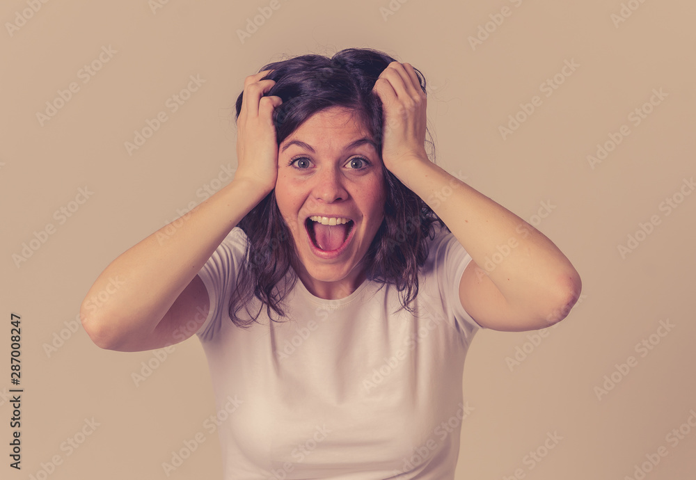 Close up portrait of surprised and happy woman hearing good and unbelievable news Close up portrait of surprised and happy woman hearing good and unbelievable news