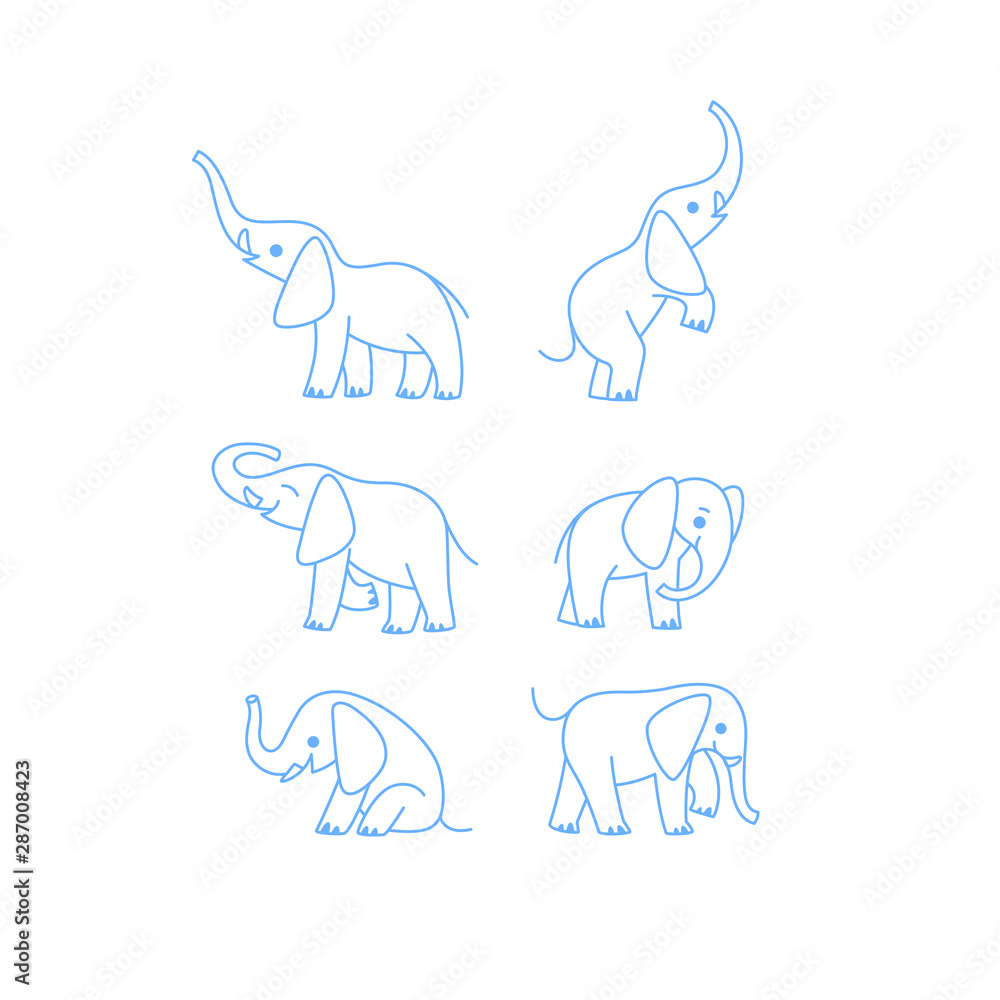 Cartoon elephant icon set. Different poses of cartoon elephant. Cartoon illustration for prints, clothing, packaging, stickers, stickers.