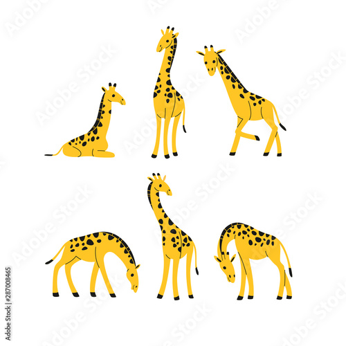 Cartoon giraffe icon set. Different poses of cartoon giraffe. Cute illustration for prints, clothing, packaging, stickers, stickers.