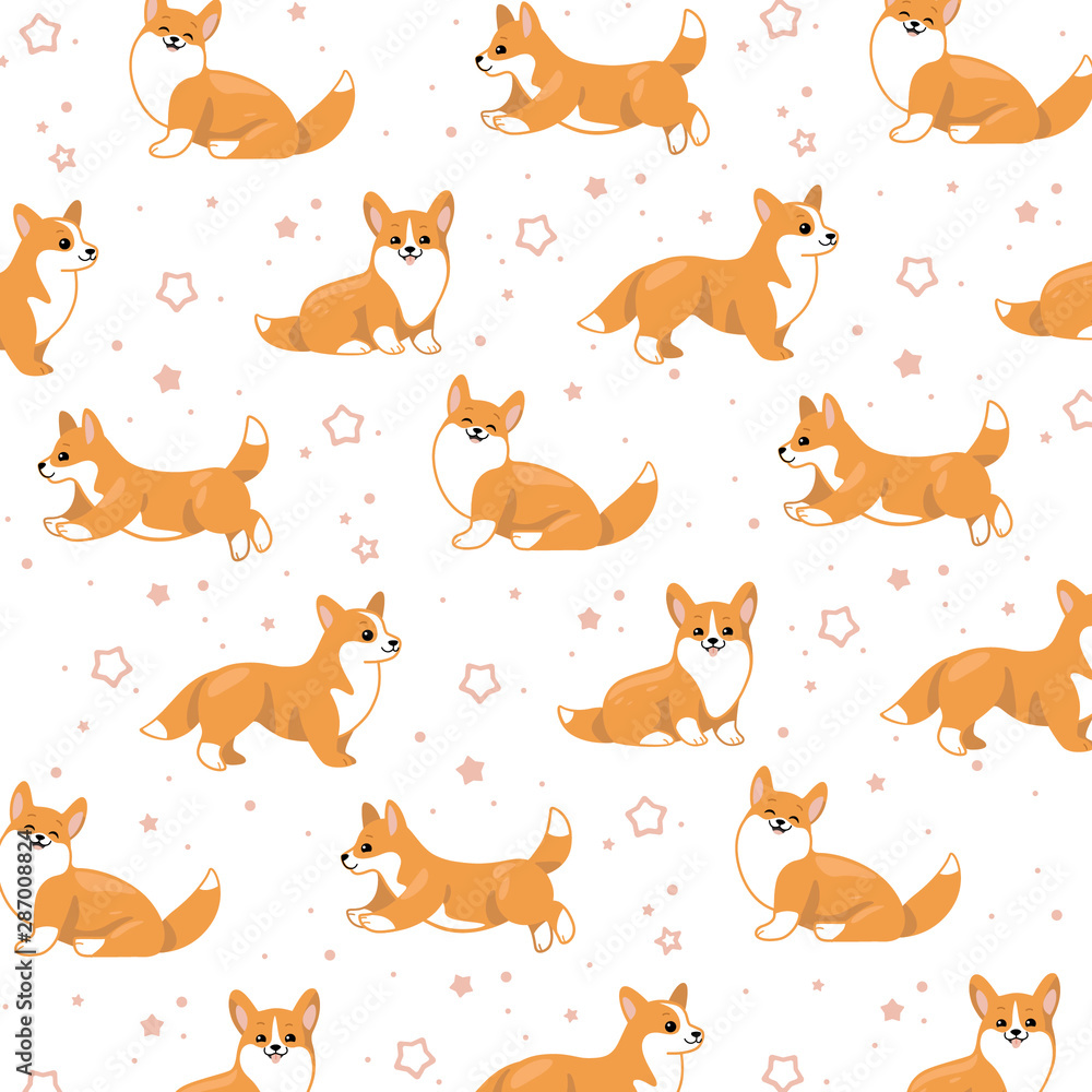 Obraz premium Cartoon happy corgi dog - simple trendy pattern with dogs. Flat illustration for prints, clothing, packaging and postcards.