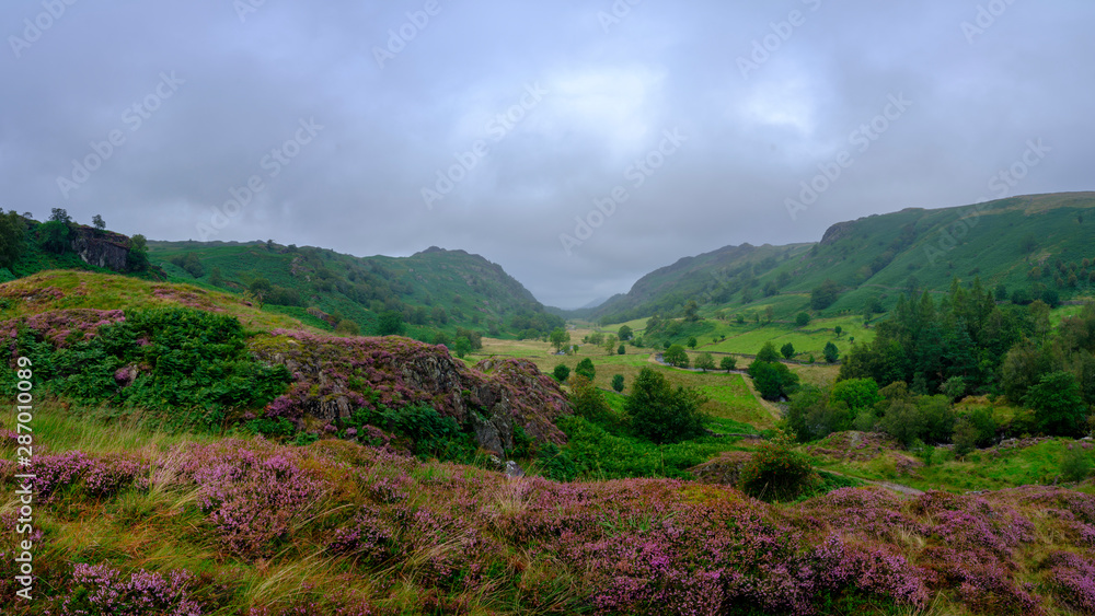 Overcast views from Watendlath towards Derwent water in the Lake District, UK