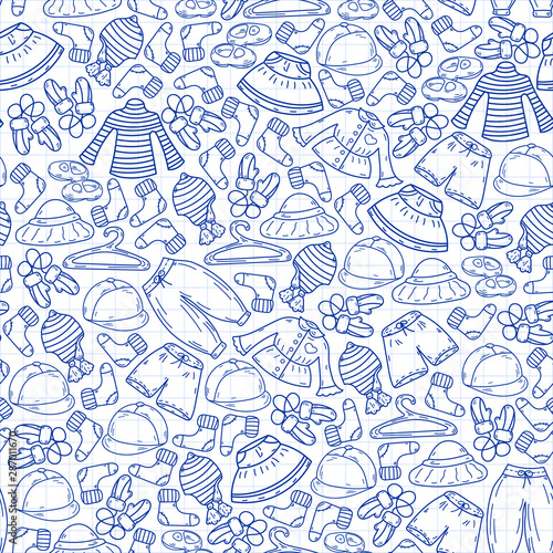 Vector set of hand drawn doodles of fashionable clothes and accessories for men, women and children. Sketches for use in design. seamless