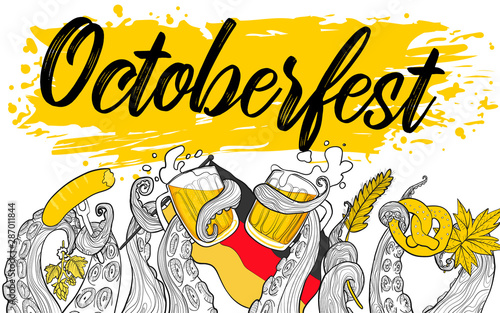 Vector Octoberfest banner with octopus tentacle holding beers mugs, wheat sprout, germany flag and sousage, bretzel in sketch cartoons style with text on grange paint splash background