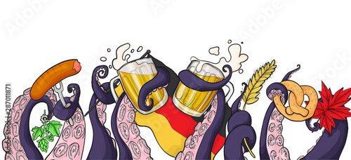 Colorful Vector Octoberfest illustration with octopus tentacle holding beers mugs, wheat sprout, germany flag and sousage, bretzel, maple leaf and hop in cartoons style on white background