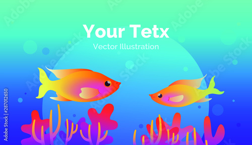 Underwater banner with multicolored fishes and corals on blue background. Vector illustration in colorful style.