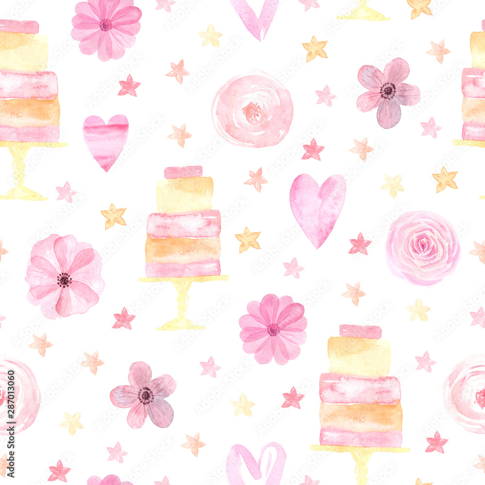 Seamless pattern with pink roses and cakes Seamless pattern with pink roses and cakes