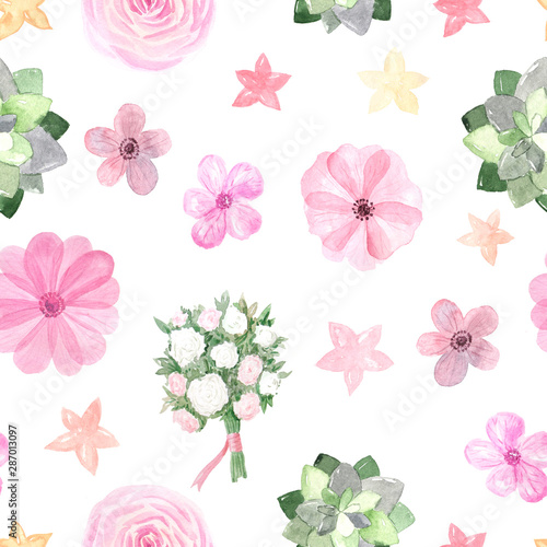 Seamless pattern with pink roses and anemones