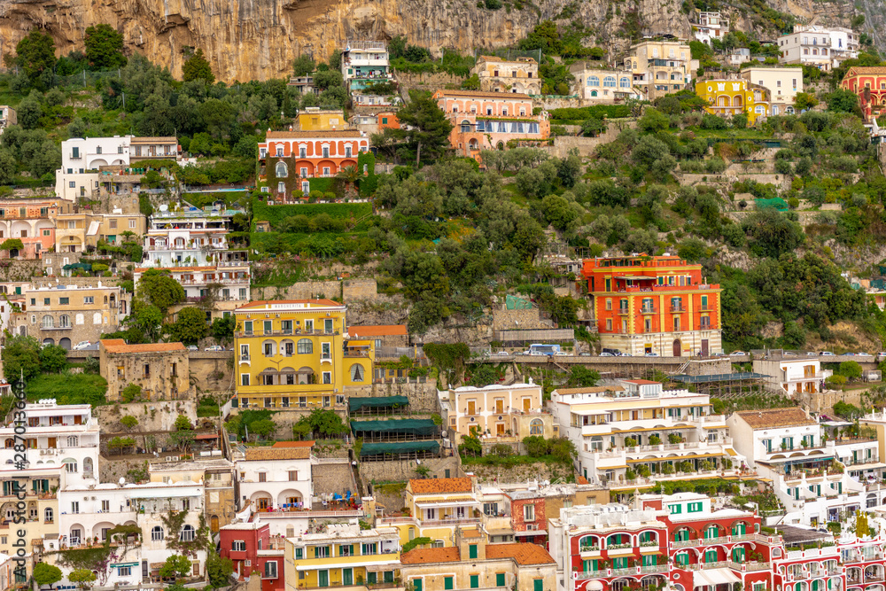 Italy, Positano, view of the houses on the hill