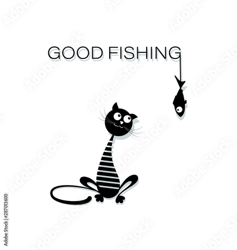 Good fishing. Black cat in a sailor suit. Funny cat sailor in cartoon style. Design for printing on a t-shirt, textiles, youth clothes.
