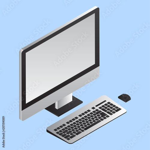 3D illustration of computer with keyboard and muse on blue background.