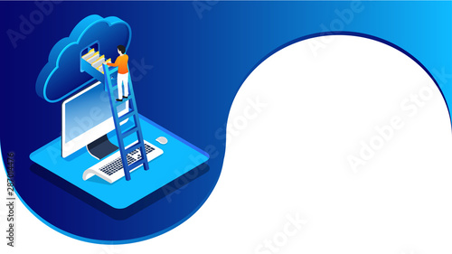 Illustration of man maintains cloud data storage server connected with desktop on abstract background.
