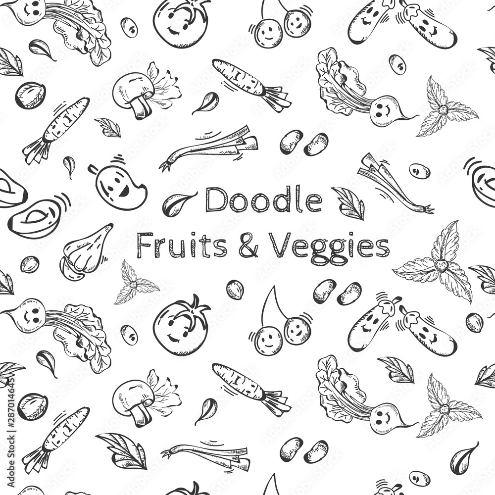 Fototapeta premium Black doodle style fruit and veggies background.