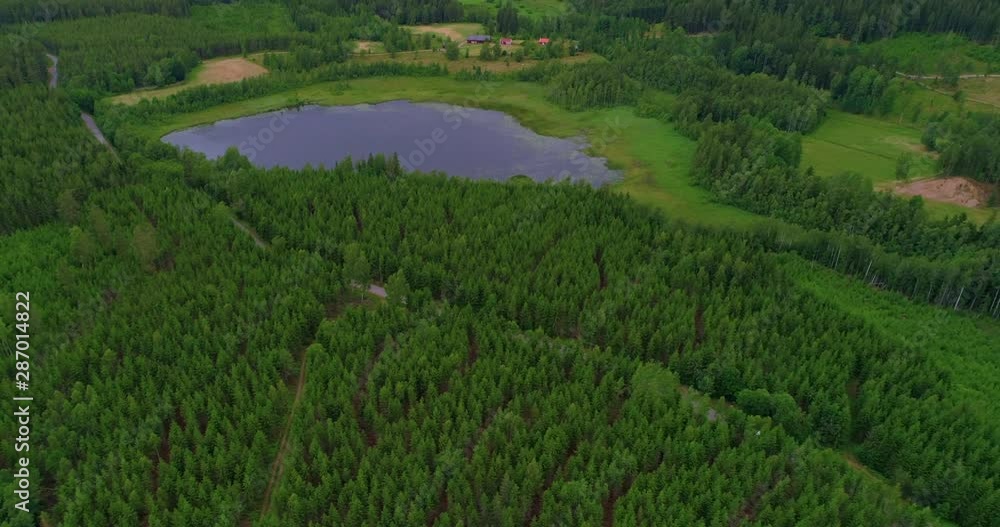 Aerial: Drone shot of camper van moving along trees by lake - Smaland, Sweden Aerial: Drone shot of camper van moving along trees by lake - Smaland, Sweden