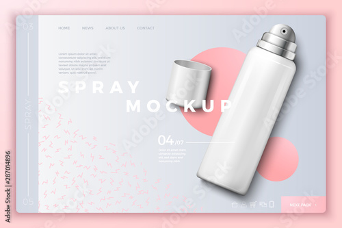 Vector 3d realistic spray bottle with cap on modern site template with typographic background. Mock-up for product package branding.